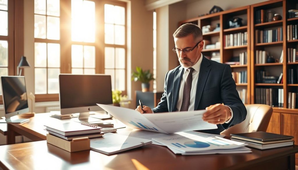 A LIGHT PORTAGE financial advisor standing at a wooden desk, examining investment charts and documents with a contemplative expression. The office is filled with natural light streaming through large windows, casting a warm glow on the scene. The advisor wears a tailored suit and holds a pen, surrounded by bookshelves, a desktop computer, and other trappings of a professional investment practice. The atmosphere conveys a sense of expertise, diligence, and a commitment to helping clients achieve their financial goals.