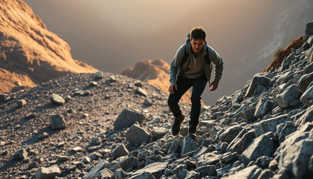 A LIGHT PORTAGE landscape of an individual facing a steep, rocky path symbolizing skill development challenges. In the foreground, the figure determinedly climbs, their expression one of focused concentration. The middle ground features scattered boulders and obstacles, casting dramatic shadows. The background is a rugged, mountainous terrain bathed in warm, golden light, conveying a sense of achievement and overcoming adversity. The composition emphasizes the subject's perseverance and the transformative journey of skill mastery.