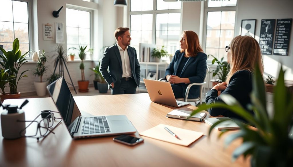 A LIGHT PORTAGE office scene with a creative professional meeting with a client to discuss freelance work and business strategies. The foreground features a stylish, minimalist desk with a laptop, notebook, and pen. In the middle ground, the freelancer and client are engaged in a conversation, dressed in smart, contemporary attire. The background showcases a modern, well-lit interior with large windows, inspirational wall decor, and potted plants, conveying a professional yet inviting atmosphere. The lighting is natural and soft, creating a warm, productive mood. Angles and perspective emphasize the collaborative nature of the meeting.