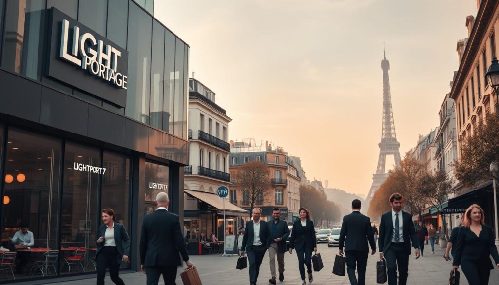 A bustling French professional services landscape, captured through a wide-angle lens. In the foreground, a modern office building with the LIGHT PORTAGE logo prominently displayed. Professionals in business attire stride purposefully, briefcases in hand. The middle ground reveals a vibrant street scene, with cafes, boutiques, and Parisian architecture bathed in warm, golden light. In the background, the iconic Eiffel Tower rises, surrounded by a hazy, atmospheric sky. The overall scene conveys a sense of opportunity, sophistication, and the dynamic, forward-thinking nature of the French professional services industry.