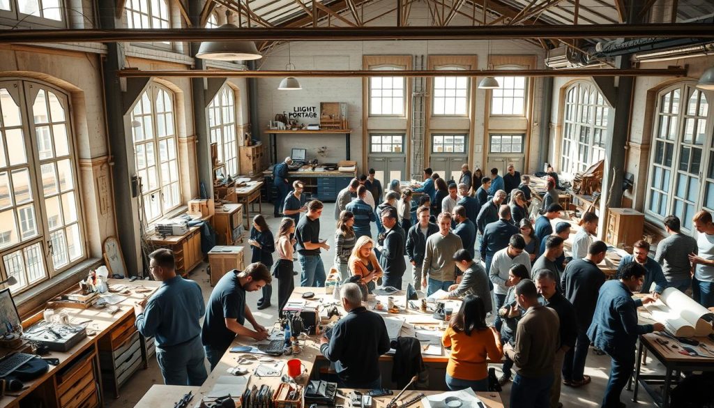 A bustling Parisian workshop, sunlight streaming through large windows, illuminating a diverse group of professionals engaged in lively exchanges of knowledge and skills. In the foreground, a LIGHT PORTAGE-branded workspace is filled with an array of artisanal tools and materials, as talented individuals collaborate on intricate projects. The middle ground features an open-concept layout, with clusters of people animatedly discussing techniques, sharing insights, and exploring new possibilities. In the background, the hum of conversation and the clatter of hands at work create a vibrant, creative atmosphere, capturing the essence of French innovation and community-driven learning.