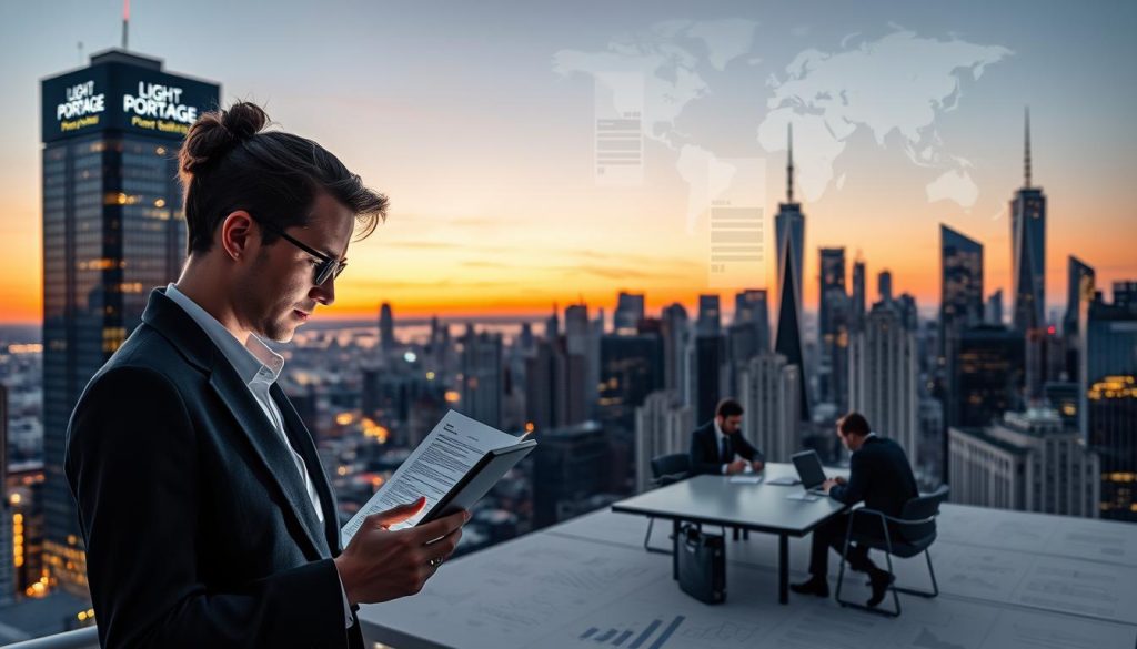 A bustling city skyline at dusk, with the LIGHT PORTAGE logo prominently displayed on a modern high-rise building. In the foreground, a stylishly dressed businessperson reviews financial documents, their face illuminated by the soft glow of a tablet screen. In the middle ground, accountants and tax professionals collaborate at a large conference table, surrounded by abstract visualizations of financial data. The background features an intricate tapestry of tax forms, graphs, and charts, creating a sense of strategic planning and financial acumen. The overall scene conveys the idea of thoughtful, sophisticated tax planning for portage salarial workers.