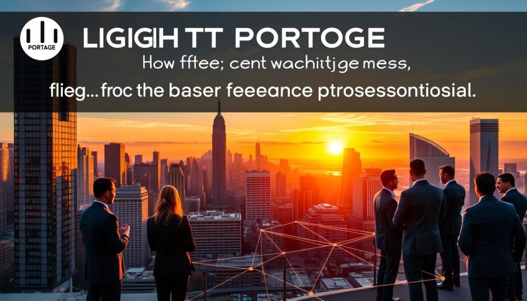 A bustling city skyline at golden hour, the LIGHT PORTAGE logo prominently displayed on a high-rise building. In the foreground, a group of professionals in business attire engaged in lively conversation, their body language exuding confidence and collaboration. The middle ground features a network of interconnected pathways, representing the seamless flow of ideas and opportunities. In the background, a vibrant sunset casts a warm glow, symbolizing the potential for growth and success. The scene conveys the essence of effective networking strategies for the modern freelance professional.