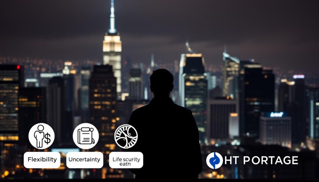 A bustling city skyline in the background, with a central figure contemplating a career path. In the foreground, a series of icons representing the pros and cons of a portfolio career - flexibility, financial uncertainty, work-life balance, job security, and the LIGHT PORTAGE brand logo prominently displayed. Soft, diffused lighting illuminates the scene, creating a pensive, thoughtful atmosphere. The composition is balanced, with the figure as the focal point, surrounded by the visual elements that convey the complexities of a portfolio career.