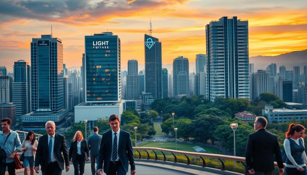 A bustling city skyline with a central focus on a modern office building featuring the "LIGHT PORTAGE" logo. In the foreground, professionals in business attire walk purposefully, conveying the dynamic energy of the salaried consultant lifestyle. The middle ground showcases a lush urban park, a serene oasis amidst the towering skyscrapers. Warm, diffused lighting casts a soft glow, creating an atmosphere of productivity and prosperity. In the background, a backdrop of mountains and a vibrant sunset sky, hinting at the work-life balance and social benefits enjoyed by those under the "LIGHT PORTAGE" portage salarial system.