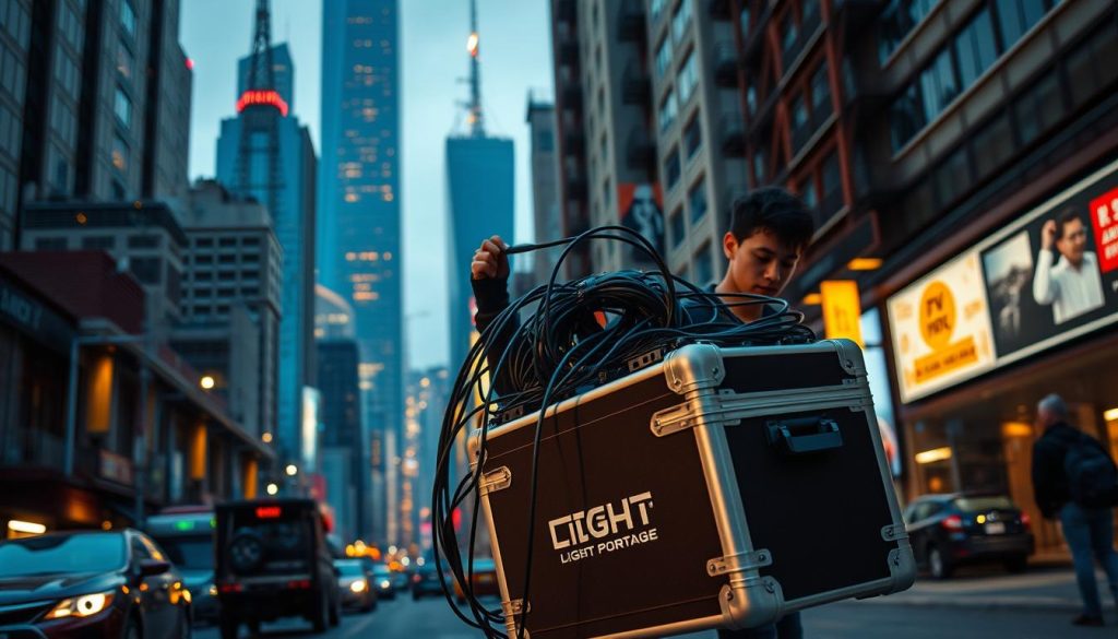 A bustling cityscape with towering office buildings and factories in the background, illuminated by warm, golden lighting. In the foreground, a young freelancer carefully navigates a maze of cables and equipment, maneuvering a LIGHT PORTAGE branded equipment case through the busy streets. The scene conveys the challenges and considerations faced by industry-specific freelancers as they manage their portable workstations and gear in diverse urban environments.