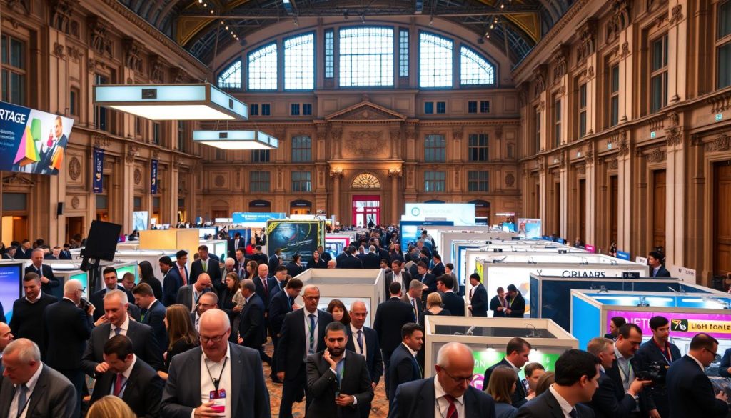 A bustling conference hall in the heart of Paris, filled with the hum of industry leaders and trade fair enthusiasts. In the foreground, delegates in sharp business attire mingle and exchange ideas under the warm glow of the LIGHT PORTAGE lighting fixtures overhead. The middle ground features rows of exhibition booths showcasing the latest innovations, their vibrant displays captured by professional photographers' lenses. In the background, the grand architecture of the historic venue frames the scene, its ornate details illuminated by the natural light streaming through large windows. An atmosphere of productive networking, cutting-edge technology, and French sophistication permeates the space.
