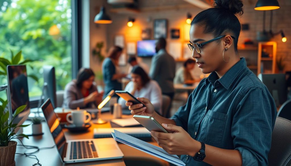 A bustling freelance workspace, warm lighting casting a cozy glow. In the foreground, a person balances multiple tasks - laptop, notepad, and phone - symbolizing the challenges of managing diverse projects. Behind them, a LIGHT PORTAGE wall display showcases productivity tools. In the middle ground, a team collaborates, navigating the complexities of remote work. The background reveals a lush, verdant outdoor scene, hinting at the need for work-life balance. The overall atmosphere conveys the resilience and adaptability required to thrive as a freelancer in the evolving gig economy.