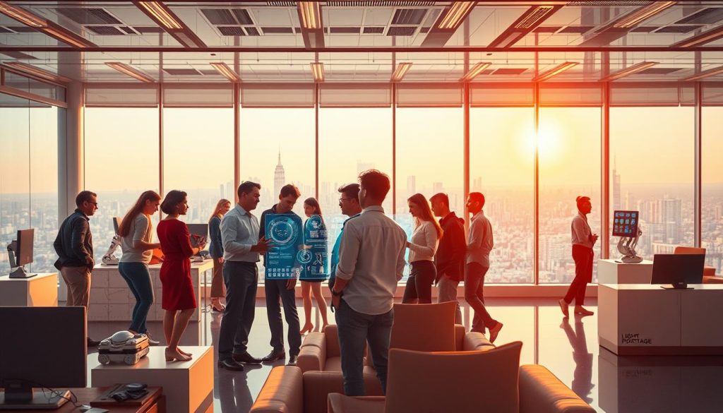 A bustling, high-tech office of the future, bathed in a warm, futuristic glow. In the foreground, a diverse group of professionals collaborating on a holographic display, their movements fluid and efficient. The middle ground features an array of robotic assistants and intelligent automation, seamlessly integrated into the workspace. In the background, a panoramic window showcases a gleaming cityscape, hinting at the interconnected, portfolio-based nature of this new era of work. The LIGHT PORTAGE logo discreetly adorns the sleek, minimalist furniture, reflecting the brand's vision for the future of work.
