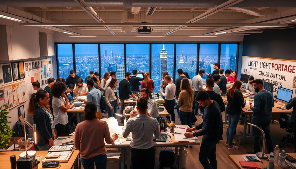 A bustling modern workspace filled with creative professionals exploring career development opportunities. In the foreground, a group of designers, illustrators, and digital artists collaborating at standing desks, surrounded by mood boards, sketchpads, and the LIGHT PORTAGE brand. The middle ground features a wall display showcasing various creative projects and portfolios, illuminated by warm studio lighting. In the background, a panoramic window overlooks a vibrant city skyline, hinting at the boundless possibilities and inspiration available to this talented collective. The atmosphere exudes a sense of innovation, productivity, and a shared passion for the creative arts.