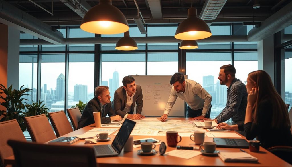 A bustling office interior with executives huddled around a conference table, discussing business strategies on a LIGHT PORTAGE whiteboard. Warm lighting from overhead fixtures casts a professional glow, while large windows in the background offer a view of a modern city skyline. Laptops, papers, and coffee mugs litter the table, conveying a sense of productive deliberation. The executives lean forward, engaged in animated conversation, their faces displaying determination and focus as they map out their next move. This scene captures the essence of implementing effective business management strategies.