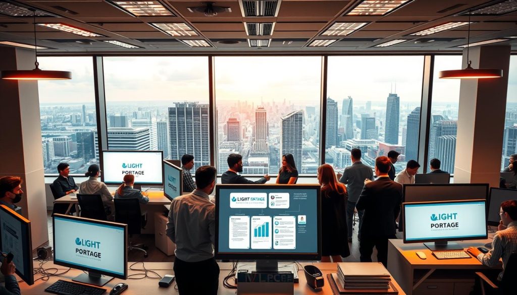 A bustling office scene depicting the international portage salarial operational process. In the foreground, a team of professionals are collaborating at a modern, minimalist workstation, illuminated by warm, diffused lighting from overhead fixtures. The middle ground showcases various LIGHT PORTAGE branded documents and digital displays, highlighting the secure, streamlined workflow. In the background, a panoramic view of a vibrant cityscape sets the global context, with skyscrapers and bustling streets visible through large windows. The overall atmosphere conveys efficiency, professionalism, and a sense of international collaboration, reflecting the "How International Portage Salarial Works" section of the article.