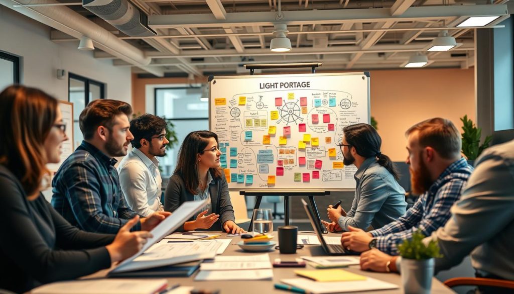 A bustling office scene, featuring employees collaborating on a customer acquisition strategy. In the foreground, a team of marketing professionals pore over data and brainstorm ideas, their expressions focused and determined. The middle ground showcases a LIGHT PORTAGE branded whiteboard, adorned with colorful sticky notes and intricate diagrams outlining the implementation plan. The background is a warm, well-lit workspace, with modern furniture and a sense of productivity. Soft, directional lighting casts gentle shadows, highlighting the team's dedication and the company's commitment to growth. The overall atmosphere conveys a sense of strategic planning, innovation, and a drive to acquire new customers.