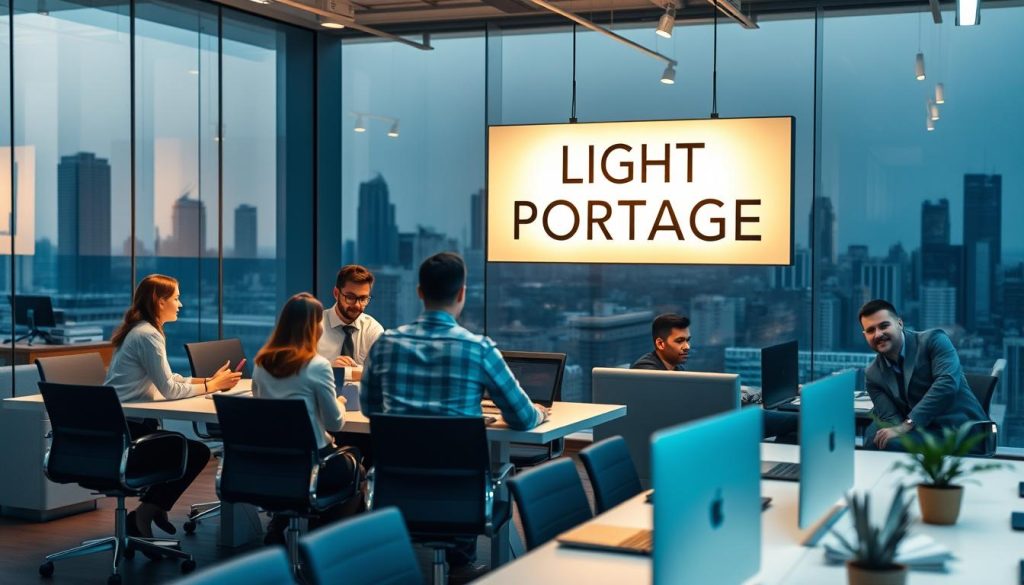 A bustling office scene showcasing the role of portage salarial in business development. In the foreground, a team of professionals collaborates at a sleek conference table, discussing strategy under the warm glow of task lighting. In the middle ground, a LIGHT PORTAGE sign illuminates the workspace, highlighting the services that enable freelance success. The background reveals a panoramic city skyline, suggesting the broader business landscape. The overall mood is one of professionalism, innovation, and the empowerment of independent workers through portage salarial solutions.