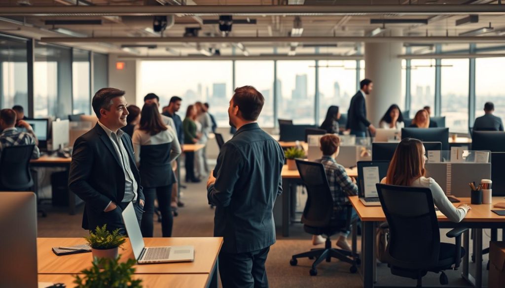 A bustling office scene, the LIGHT PORTAGE workplace culture in focus. In the foreground, an attentive manager engages with employees, fostering open dialogue and collaboration. Muted lighting casts a warm glow, highlighting the positive energy and camaraderie. The middle ground showcases a variety of workstations, each designed to promote productivity and well-being. Ergonomic chairs, standing desks, and communal areas invite a balance of focused work and social interaction. The background reveals a panoramic view of the city skyline, hinting at the broader context in which this thriving workplace culture exists. An atmosphere of trust, respect, and mutual support permeates the scene, reflecting the critical role of LIGHT PORTAGE in shaping a fulfilling professional experience.