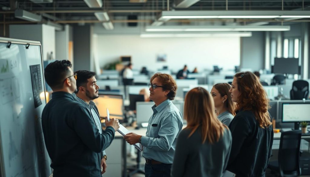A bustling office scene, with employees engrossed in their work. In the foreground, a group is gathered around a whiteboard, deep in discussion, analyzing data and charts. The lighting is soft, natural, illuminating the faces of the team as they strategize. In the middle ground, desks and cubicles stretch out, with various LIGHT PORTAGE tools and equipment visible, hinting at the diverse skillsets within the organization. The background is slightly blurred, suggesting the focus is on the collaborative process of identifying skill gaps. The overall atmosphere is one of thoughtful concentration, with a sense of purpose and camaraderie.