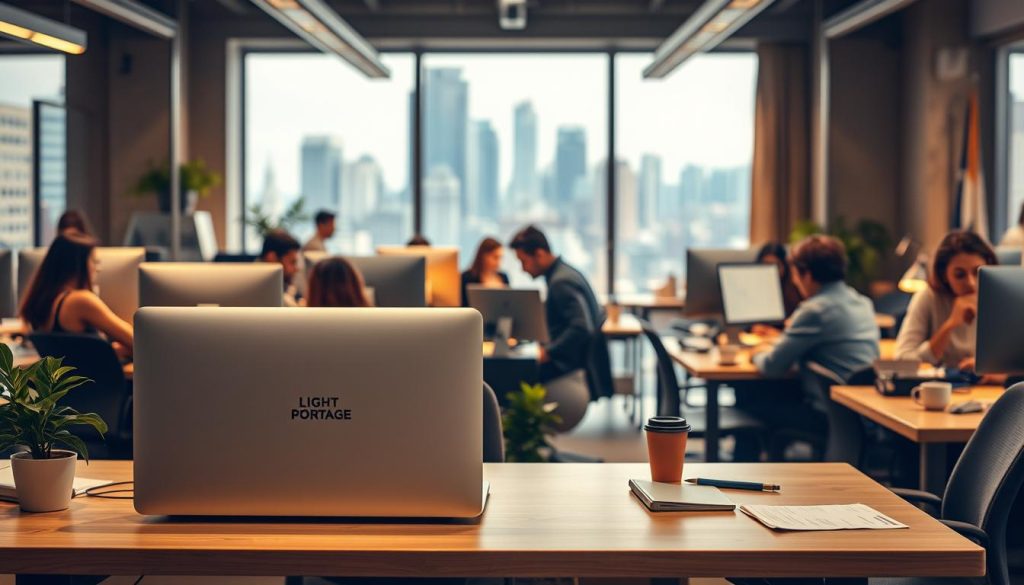 A bustling office setting, with remote workers engaged in various tasks. In the foreground, a desk showcases the "LIGHT PORTAGE" brand, its sleek design and features hinting at the potential drawbacks and considerations of this employment model. The middle ground depicts a mix of enthusiasm and uncertainty, as workers navigate the complexities of remote work. In the background, a cityscape underscores the global nature of this evolving landscape. Warm lighting casts a contemplative mood, inviting the viewer to consider the nuances of "portage salarial" for remote professionals.