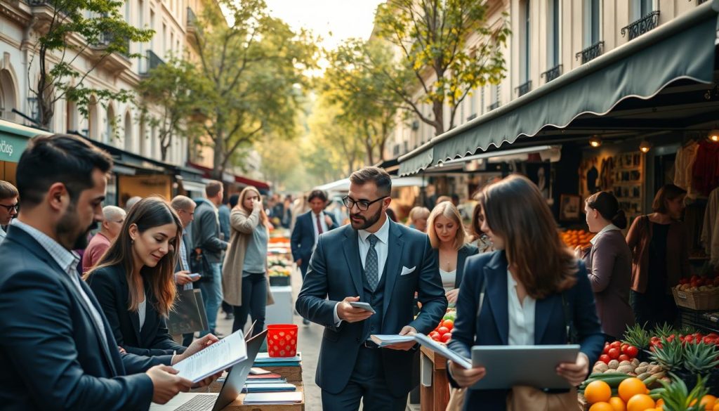 A bustling outdoor market scene in France filled with diverse market actors engaging in dynamic conversations. In the foreground, a group of professionals in smart business attire, including men and women, discuss over laptops and documents, showcasing a collaborative atmosphere. The middle ground features vibrant market stalls with fresh produce and handmade goods, symbolizing the key market actors in the freelance sector. A charming Parisian backdrop with classic architecture, trees, and soft sunlight filters through, imparting a warm, inviting feel. The camera angle captures this lively scene from a slight elevation, providing a clear view of interactions and activity. The overall mood is energetic and inspiring, reflecting the thriving freelance opportunities in this local market landscape, with the brand name "Umalis Group" subtly incorporated into the market stall designs.