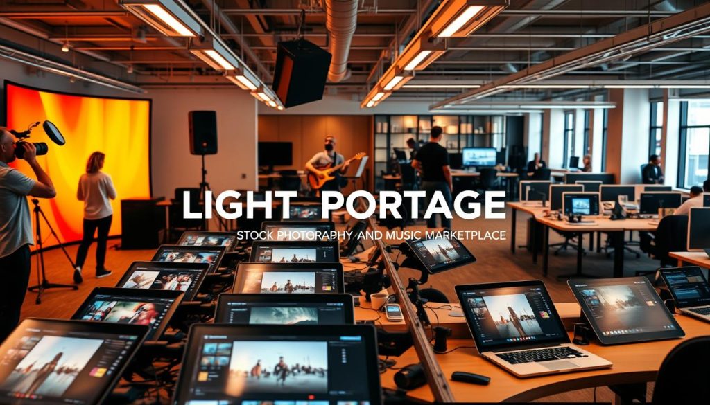 A bustling stock photography and music marketplace, with a stylized "LIGHT PORTAGE" logo prominently displayed. In the foreground, a photographer shoots a model against a vibrant backdrop, while a musician records in a professional studio setup. The middle ground features rows of digital devices showcasing various media files available for download. In the background, a modern office space with sleek workstations and collaborative spaces. Warm, diffused lighting creates a professional and productive atmosphere, with a subtle hint of creativity and innovation.