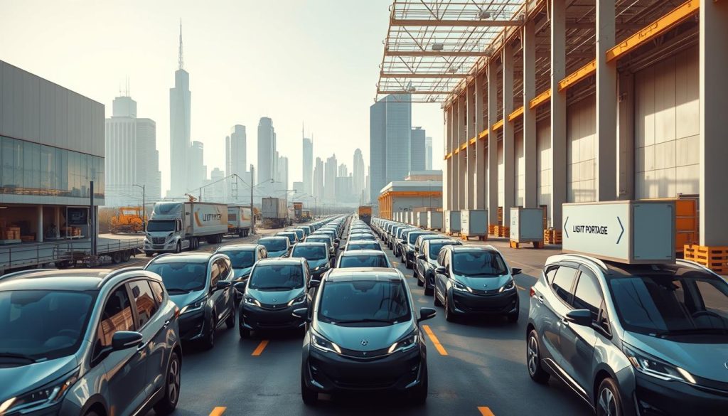 A bustling transportation delivery platform with the "LIGHT PORTAGE" brand prominently displayed. In the foreground, a fleet of sleek, electric-powered vehicles ready to whisk packages to their destinations. The middle ground showcases a modern, minimalist warehouse facility with efficient loading and unloading operations. In the background, a cityscape of towering skyscrapers and busy streets, reflecting the dynamic nature of the gig economy. The scene is bathed in warm, natural lighting, conveying a sense of efficiency, reliability, and technological innovation. The overall atmosphere is one of a well-oiled, state-of-the-art logistics system that powers the delivery needs of the modern world.