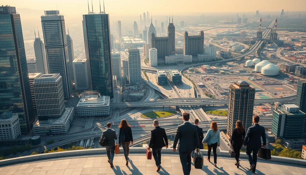 A bustling urban landscape, the skyline dominated by towering corporate office buildings, their glass facades gleaming in the afternoon sun. In the foreground, a diverse group of professionals stride purposefully, briefcases in hand, representing the "LIGHT PORTAGE" workforce - a new socioeconomic class of skilled, mobile workers. In the middle ground, intricate webs of roads and public transit systems intersect, connecting this thriving commercial hub to the surrounding suburbs and beyond. In the distance, a sprawling industrial zone, factories churning out goods that fuel the local economy. The overall scene conveys a sense of dynamic progress, economic vitality, and the complex, interdependent nature of modern society, where the portage salarial model plays a crucial role.