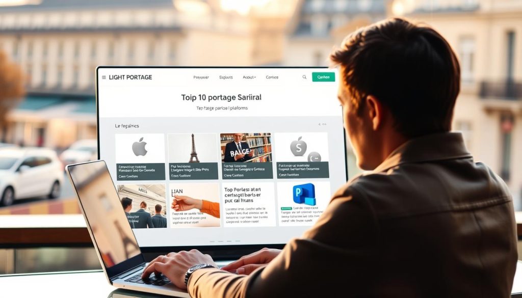 A clean, modern platform interface with a prominent "LIGHT PORTAGE" logo at the top. In the foreground, a French freelancer reviewing and evaluating various portage salarial options on a sleek, high-resolution laptop display. The middle ground features neatly organized tiles showcasing the top 10 French portage salarial platforms, each with concise details. The background has a soft, blurred cityscape of Paris, conveying a professional, urban atmosphere. Warm, natural lighting illuminates the scene, creating depth and highlighting the platform's clean, intuitive design.