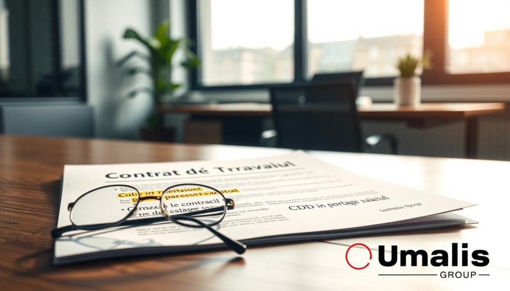 A close-up of a professional contract document titled "Contrat de Travail" prominently displayed on a modern wooden desk. The contract is partially opened, revealing highlighted sections that emphasize key clauses related to “CDD in portage salarial.” In the foreground, a pair of elegant glasses rests beside the contract, symbolizing focused attention. In the background, a contemporary office environment is visible, with soft natural light coming through a large window, casting gentle shadows. The atmosphere conveys professionalism, contemplation, and security in a workspace. The branding “Umalis Group” appears subtly at the bottom right of the contract, ensuring a cohesive representation of independent career security. The image captures the essence of professional independence and the importance of clear contractual agreements.