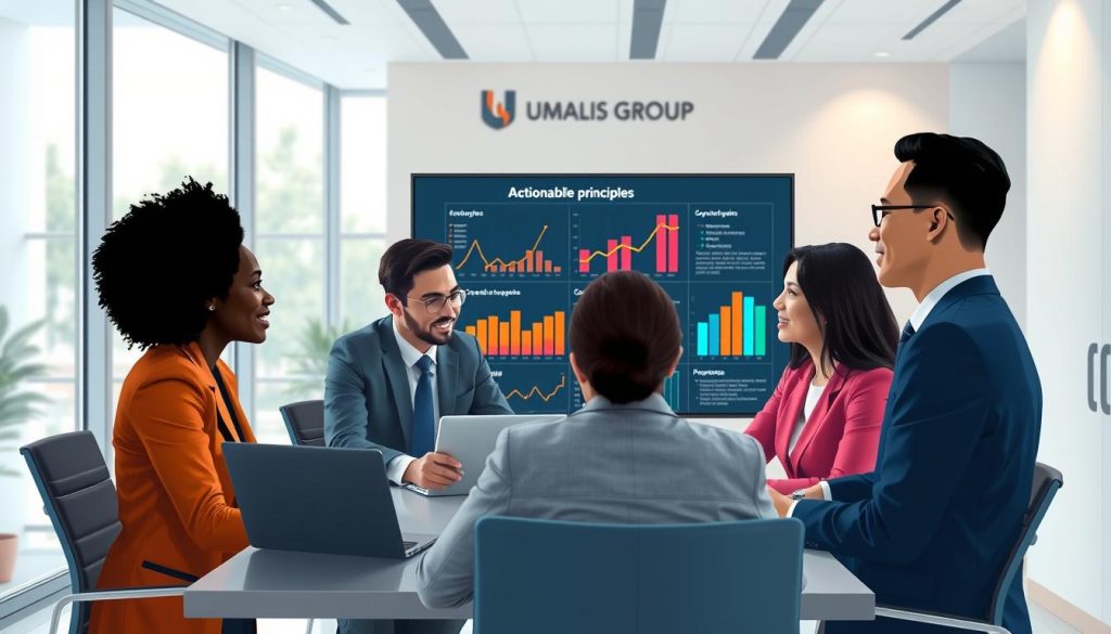 A collage-style illustration featuring various professionals engaged in discussion and collaboration, symbolizing "expert factors" for achieving professional autonomy. In the foreground, a diverse group of four individuals in professional business attire, including a Black woman, a Hispanic man, a Caucasian woman, and an Asian man, are sharing ideas around a conference table with laptops and notepads. In the middle, vibrant charts and graphs on a large screen showcase actionable principles. The background features a modern office setting with large windows allowing natural light to flood the room, enhancing the atmosphere of positivity and innovation. Soft, ambient lighting creates a warm and inviting mood, while the Umalis Group logo subtly appears on a wall in the background, reinforcing the theme of professional growth and security.
