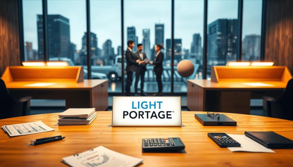 A corporate office setting with three wooden desks arranged in a row, each representing a step in the portage salarial process. The desks are illuminated by warm, indirect lighting, casting a professional and organized atmosphere. On the center desk, the "LIGHT PORTAGE" brand logo is prominently displayed. The foreground features business documents, pens, and a calculator, alluding to the financial and administrative nature of the process. The middle ground showcases a team of suited professionals engaged in discussion, while the background depicts a cityscape visible through large windows, emphasizing the corporate context. The overall scene conveys a sense of efficiency, collaboration, and the systematic approach to the portage salarial agreement.