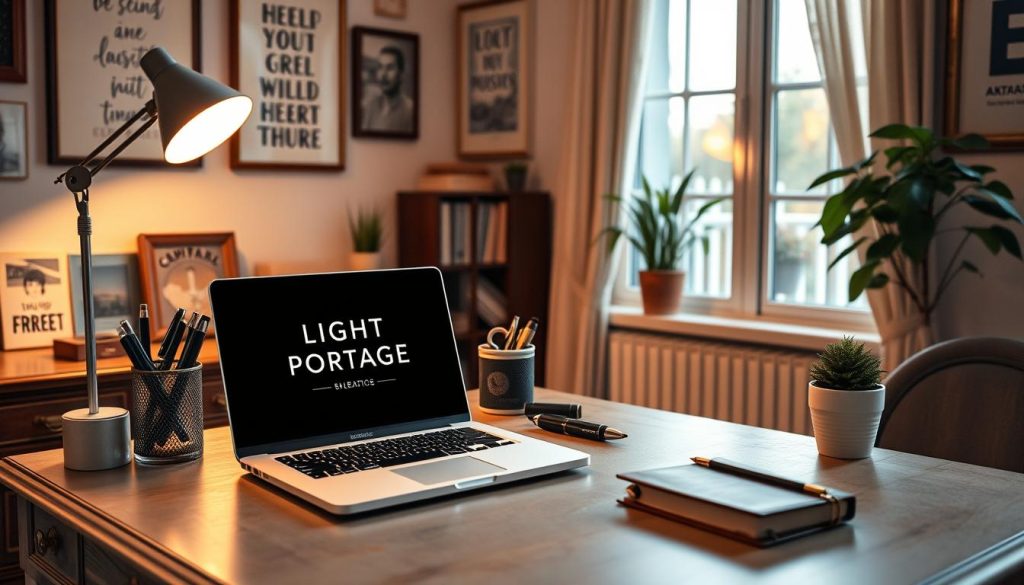 A cozy home office with a vintage-inspired desk and a laptop displaying the LIGHT PORTAGE brand logo. Carefully selected office supplies, including a pen holder, a leather-bound notebook, and a potted plant, adorn the desk. The walls are adorned with inspirational wall art, creating a warm and creative atmosphere. Warm lighting from a floor lamp casts a soft glow, and the window in the background offers a glimpse of a serene outdoor scene, hinting at the tranquility and focus needed for successful blog niche selection.