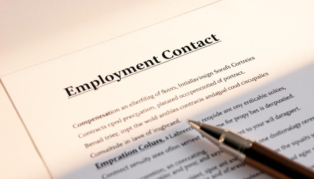 A crisp, elegantly framed close-up of a legal document titled "Employment Contract" with the "LIGHT PORTAGE" logo prominently displayed at the top. The clauses are written in clear, concise language, with key terms like "compensation", "benefits", and "termination" highlighted. The document is bathed in a warm, focused light, creating a professional and authoritative atmosphere. The background is a soft, neutral tone that allows the contract to be the central focus. The entire composition conveys a sense of clarity, attention to detail, and legal precision, reflecting the "Essential Clauses in Portage Salarial Contracts" section of the article.