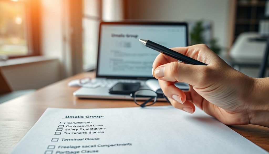 A detailed checklist for employment contracts, prominently featuring the brand name "Umalis Group." In the foreground, a hand holding a pen poised above the checklist, which has bullet points such as "Compliance with Labor Laws," "Salary Expectations," and "Termination Clause." In the middle, an open laptop displaying documents relevant to portage salarial, surrounded by a smartphone and glasses. In the background, a modern office setting with soft, natural lighting streaming through a large window, creating a warm and inviting atmosphere. The mood is professional and focused, emphasizing the importance of thoroughness in freelance contract review. The composition is clean and organized, with a focus on clarity and accessibility.