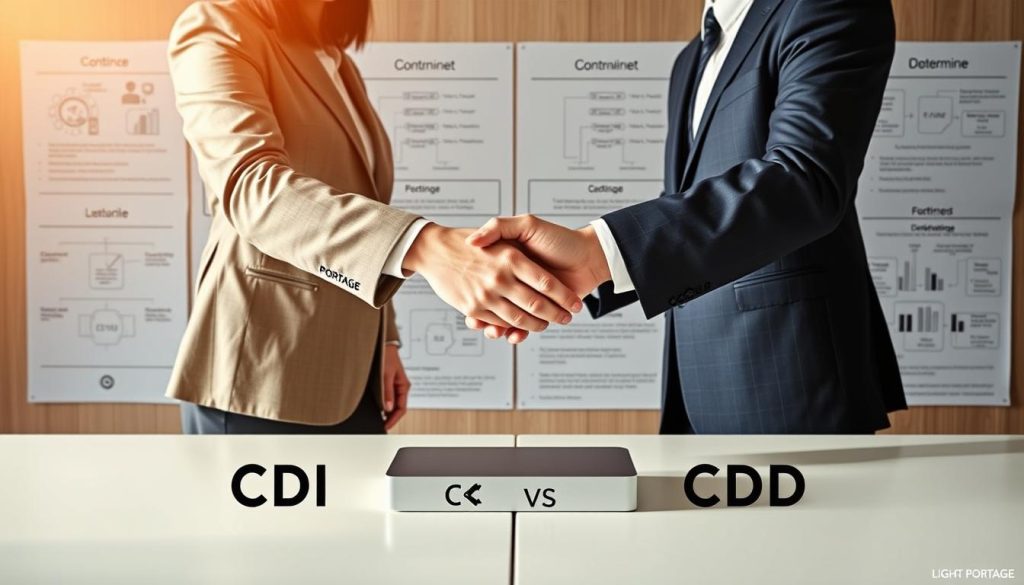 A detailed contractual comparison depicting the "CDI vs. CDD" types of portage salarial arrangements. In the foreground, two professional businesspeople shake hands over a sleek, minimalist LIGHT PORTAGE desk, signifying the formal agreement. Behind them, crisp diagrams and infographics illustrate the key distinctions between the open-ended CDI (Contrat à Durée Indéterminée) and fixed-term CDD (Contrat à Durée Déterminée) contract structures. The scene is bathed in warm, natural lighting, conveying a sense of professionalism and transparency. The overall mood is one of clarity, compliance, and the financial security that portage salarial can provide.