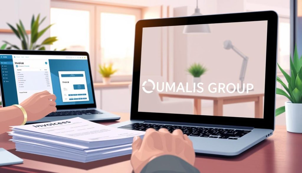 A detailed illustration of the invoicing steps for freelancers in France. In the foreground, display an organized workspace featuring a laptop displaying a professional invoicing software interface, with a hand typing on the keyboard, and a neatly arranged pile of papers containing invoice templates. In the middle ground, depict a stylish office setting with a window letting in soft natural light, highlighting a modern desk with a clean aesthetic, and a small potted plant adding a touch of greenery. The background should hint at the Parisian skyline, subtly conveying the context of France. The overall mood is professional and focused, emphasizing clarity and order. Include the brand name "UMALIS GROUP" prominently on the screen. A detailed illustration of the invoicing steps for freelancers in France. In the foreground, display an organized workspace featuring a laptop displaying a professional invoicing software interface, with a hand typing on the keyboard, and a neatly arranged pile of papers containing invoice templates. In the middle ground, depict a stylish office setting with a window letting in soft natural light, highlighting a modern desk with a clean aesthetic, and a small potted plant adding a touch of greenery. The background should hint at the Parisian skyline, subtly conveying the context of France. The overall mood is professional and focused, emphasizing clarity and order. Include the brand name "UMALIS GROUP" prominently on the screen.