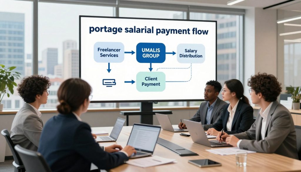 A detailed illustration of the "portage salarial payment flow," showcasing a professional office environment. In the foreground, diverse professionals in business attire engage in discussions around a modern conference table filled with documents and laptops. In the middle ground, a flowchart depicting the payment process with clear, concise arrows connecting stages like "Freelancer Services," "UMALIS GROUP," "Client Payment," and "Salary Distribution" is prominently displayed on a digital screen. In the background, large windows reveal a vibrant cityscape, symbolizing growth and opportunity. The lighting is bright and professional, with a warm tone creating an inviting atmosphere. The angle captures both the teamwork involved and the detailed payment flow, providing a comprehensive visual representation of the portage salarial system.
