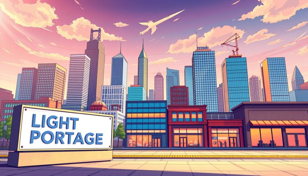 A detailed illustration of various business structure types, captured with a wide-angle lens and warm, natural lighting. In the foreground, a LIGHT PORTAGE signage prominently displays the brand name. In the middle ground, a diverse range of corporate buildings, from towering skyscrapers to cozy storefronts, represent different business ownership models such as sole proprietorships, partnerships, corporations, and limited liability companies. The background features a vibrant city skyline, conveying the bustling atmosphere of the business world. The overall scene exudes a sense of professionalism, innovation, and the dynamic nature of modern entrepreneurship.