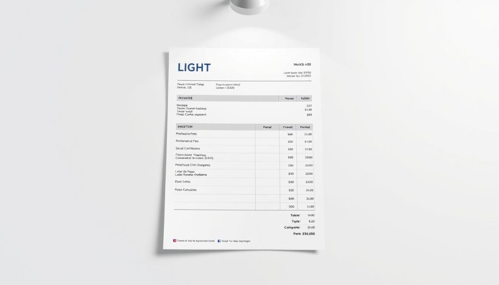 A detailed invoice layout displaying the key components of a portage salarial service, presented on a clean, minimalist background. In the foreground, a crisp, high-resolution document with a branded "LIGHT PORTAGE" logo at the top, showcasing line items such as professional fees, social contributions, and tax calculations. The middle ground features carefully organized columns and rows, emphasizing the structure and clarity of the invoice. The background is a soft, neutral tone, allowing the invoice details to take center stage. Realistic lighting from an overhead source casts subtle shadows, adding depth and dimensionality to the scene. The overall mood is professional, organized, and visually appealing, reflecting the importance of the portage salarial invoice for freelance professionals in France.