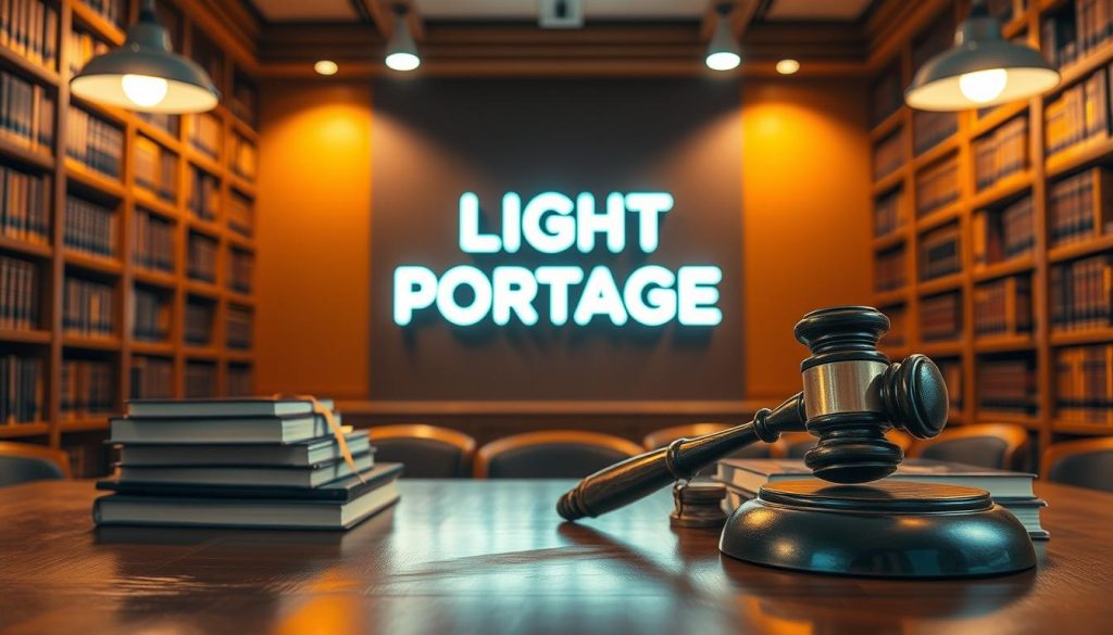 A detailed legal framework envelops a portage salarial scene. In the foreground, a stack of law books and a gavel rest on a polished wooden desk, casting soft shadows. The middle ground features a LIGHT PORTAGE sign, its illuminated letters casting a warm glow, symbolizing the secure employment structure. In the background, tall bookshelves line the walls, filled with legal volumes, creating an atmosphere of professionalism and authority. Warm, directional lighting from overhead fixtures casts a subtle sheen on the surfaces, evoking a sense of gravitas and order. The overall composition suggests a well-regulated, trustworthy environment for freelance employment.