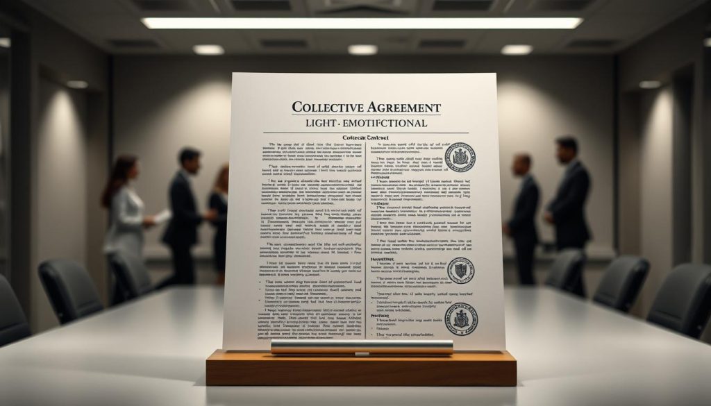 A detailed, modern legal document representing the collective agreement framework for the LIGHT PORTAGE employment model. Prominently featured in the center, a meticulously rendered contract with complex, formal language and official seals. Surrounding this, a clean, minimalist office environment with muted lighting and subtle textures, conveying a sense of authority and professionalism. In the background, blurred silhouettes of office workers, emphasizing the collaborative and regulated nature of the agreement. The overall mood is one of precision, legality, and institutional structure.