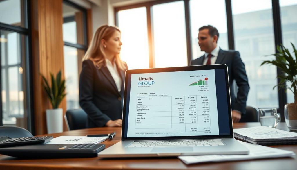 A detailed, professional office scene illustrating the concept of salary mechanics. In the foreground, a neatly organized desk featuring a laptop displaying an open invoice document with the logo of "Umalis Group." Beside it, a calculator, a notepad with calculations, and some financial papers. In the middle, a well-dressed businesswoman and a businessman engage in a discussion, their expressions focused and serious, reflecting the financial topic at hand. The background showcases a modern office with large windows letting in soft natural light, enhancing the professional atmosphere. The lighting is warm and inviting, casting gentle shadows that add depth to the scene. The overall mood conveys professionalism and attention to detail, emphasizing the complexities of payroll and financial contributions.