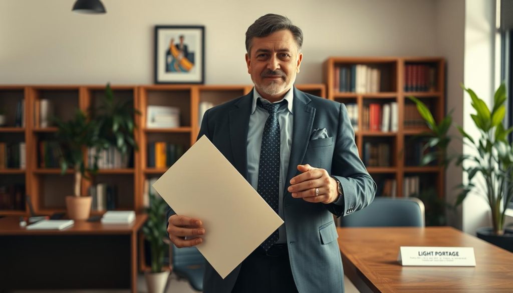 A detailed professional portrait of a salarié porté, standing in a well-lit office. In the foreground, the subject's hands hold a diploma and certificates, conveying their qualifications and expertise. The middle ground features a wooden desk with a LIGHT PORTAGE nameplate, suggesting their professional status. In the background, bookshelves and potted plants create an atmosphere of intellectual rigor and authority. Warm, neutral tones predominate, with subtle shadows and highlights accentuating the subject's confident, competent demeanor.