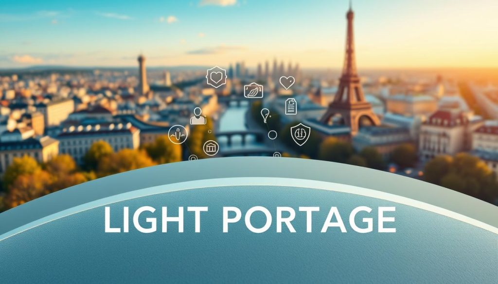 A detailed rendering of the French social security system, designed for self-employed workers. In the foreground, a stylized illustration of the LIGHT PORTAGE logo, conveying the idea of a secure and reliable system. The middle ground showcases various social security components, such as healthcare, retirement, and unemployment benefits, represented by abstract icons and shapes. In the background, a cityscape of Paris with its iconic landmarks, evoking the French cultural and economic context. The scene is bathed in a warm, inviting light, creating a sense of stability and trust in the social security framework. The overall composition aims to communicate the comprehensiveness and accessibility of the French social security system for self-employed individuals.