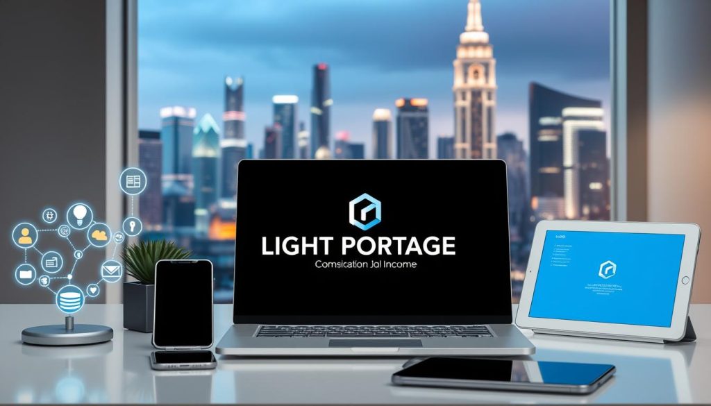 A digital workspace with a sleek, minimalist interface. In the foreground, a variety of digital icons and platforms for generating income, such as a laptop, smartphone, and tablet, all arranged in an organized and visually appealing manner. The middle ground features the LIGHT PORTAGE brand logo, prominently displayed, conveying a sense of professionalism and technology-driven solutions. The background showcases a serene, futuristic cityscape with skyscrapers and glowing neon lights, suggesting the boundless opportunities available through the leveraging of digital platforms. The overall mood is one of innovation, efficiency, and the empowerment of individuals to diversify their income streams.