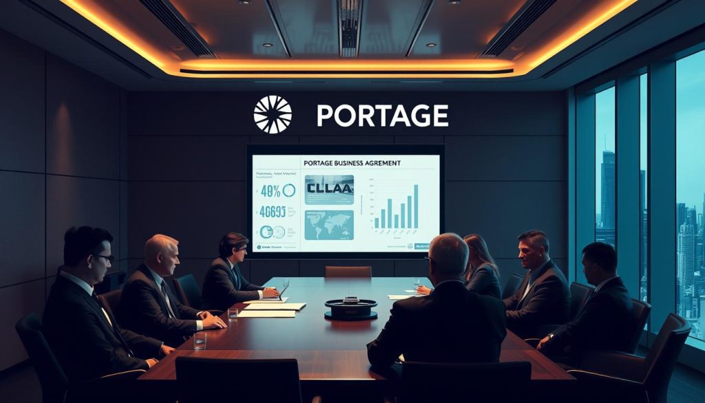 A dimly lit corporate boardroom, the LIGHT PORTAGE logo prominently displayed on the wall. In the foreground, a group of executives seated around a sleek, mahogany table, engaged in a serious discussion, their expressions intense as they review contract details. Soft, directional lighting casts shadows, creating a sense of gravity and professionalism. The middle ground features a large, projected presentation screen, displaying charts and figures related to the Portage Business Agreement. In the background, floor-to-ceiling windows offer a glimpse of a bustling cityscape, reflecting the importance and global reach of this pivotal mission initiation.