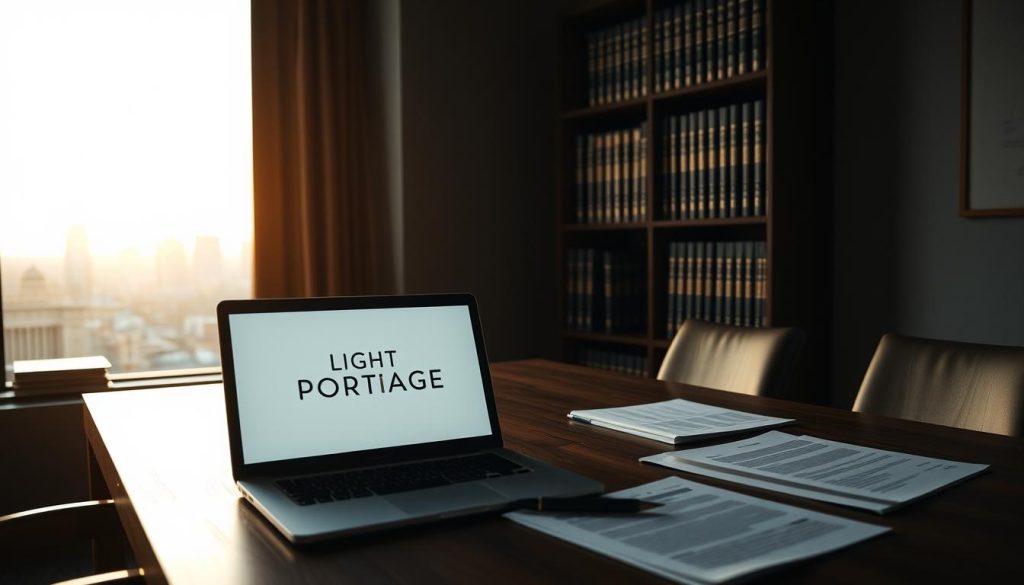 A dimly lit office interior, with a large wooden desk in the foreground. On the desk, a laptop displaying the LIGHT PORTAGE brand logo, alongside various legal documents and a pen. In the middle ground, a bookshelf filled with volumes on labor law and contract types. The background features a window overlooking a city skyline, with the warm glow of sunset casting a soft, contemplative atmosphere. The overall scene conveys the legal expertise and professionalism required to navigate the complex framework of freelance work and portage salarial arrangements.