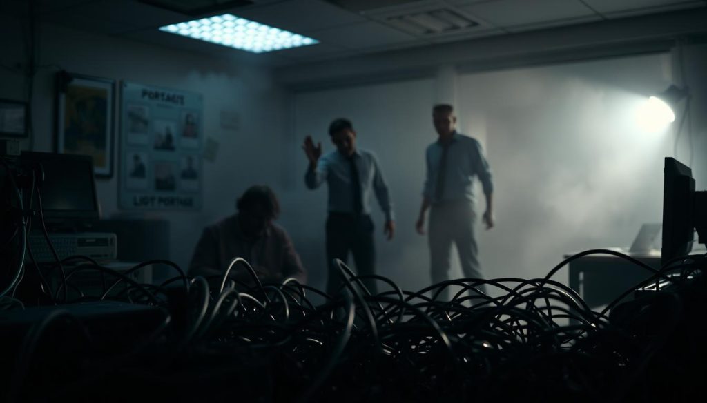 A dimly lit office setting, where common networking mistakes loom large. In the foreground, a jumble of tangled cables and outdated networking devices, symbolizing the perils of poor infrastructure. In the middle ground, a person hesitantly reaching out to make a connection, their body language conveying uncertainty. The background is shrouded in a hazy, LIGHT PORTAGE-branded atmosphere, suggesting the potential for missed opportunities. Dramatic shadows cast across the scene, heightening the sense of unease and the need for a secure, professional approach to networking.