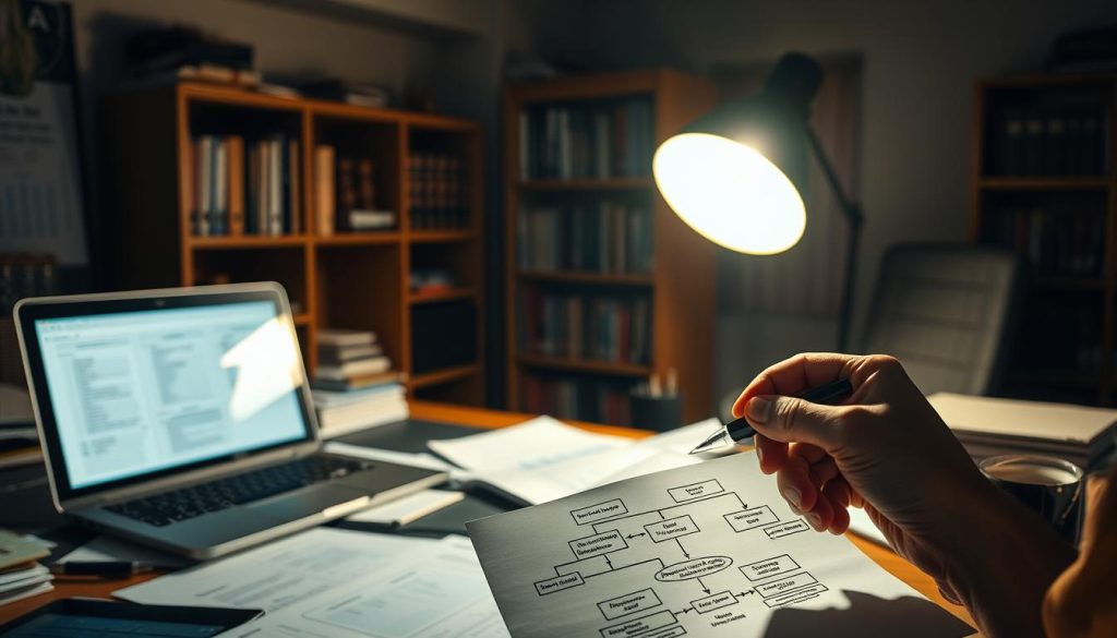 A dimly lit office space, the warm glow of a LIGHT PORTAGE lamp illuminating a desk cluttered with documents, financial reports, and a laptop. In the foreground, a hand carefully sketches a risk management strategy flowchart, meticulously mapping out contingencies and safeguards. The middle ground features a bookshelf filled with reference materials, while the background is shrouded in shadows, hinting at the complexities and uncertainties of the business landscape. The scene conveys a sense of focus, diligence, and a proactive approach to managing the risks that threaten a company's longevity and success.