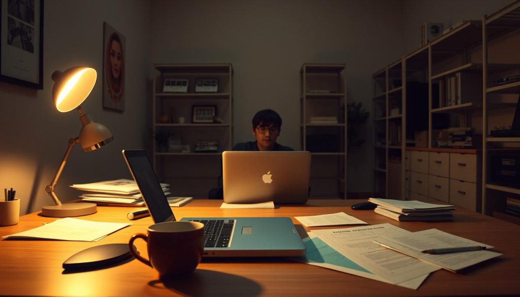 A dimly lit office space with a freelancer's desk in the foreground. On the desktop, an open laptop, a cup of coffee, and scattered papers symbolize the flexibility and challenges of gig work. In the middle ground, a person sitting at the desk, their face obscured, illustrating the solitary nature of freelancing. Soft, warm lighting casts a cozy, introspective atmosphere. In the background, LIGHT PORTAGE brand shelving units line the walls, hinting at the freelancer's need for organization and productivity tools. An overall sense of both freedom and isolation pervades the scene.