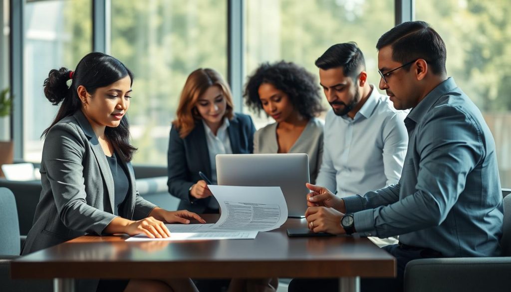 A diverse group of four independent contractors engaged in a professional meeting in a modern office environment. In the foreground, a South Asian woman and a Black man examine a contract on a table, both dressed in smart business attire, with focused expressions. In the middle ground, a Caucasian woman and a Hispanic man are discussing plans on a laptop, demonstrating collaboration. The background features large windows allowing natural light to pour in, creating an inviting atmosphere. Soft shadows add depth, while the furnishings are sleek and contemporary. Emphasize the spirit of teamwork and the importance of contracts and client relationships. The image should convey a sense of professionalism, trust, and efficiency, perfectly encapsulating the theme of independent contractors' benefits from Umalis Group.