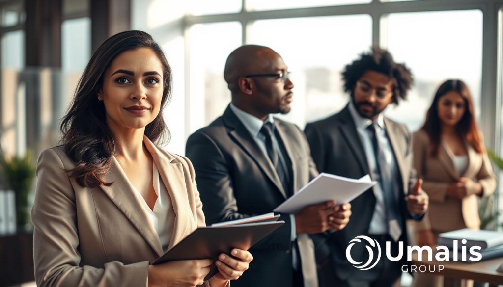 A diverse group of individuals in a professional setting symbolizes legal aid victims, captured in a warm, hopeful atmosphere. In the foreground, a woman in a smart blazer holds a folder, her expression one of determination and resolve. Beside her, a man in a tailored suit leans slightly, listening intently, exuding empathy and support. In the middle ground, a consultation desk with papers and legal books emphasizes the theme of assistance. The background features a softly lit law office with large windows, casting natural light that enhances the scene's warmth and professionalism. The overall mood reflects empowerment and resilience, suggesting a safe haven for those seeking legal support. The image should also include a subtle logo of "Umalis Group" in the corner, reinforcing the theme.